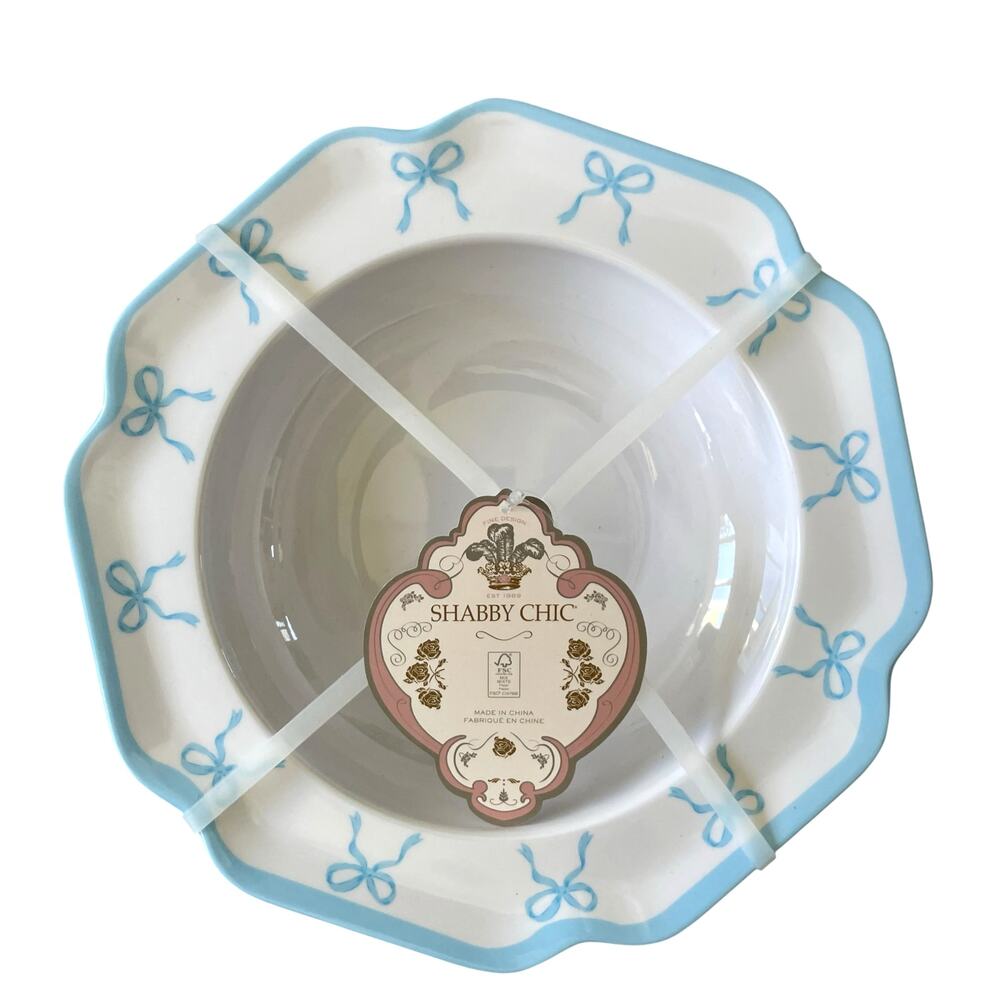 Shabby Chic Blue Bow Border Melamine Salad Bowls 9.75in Set of 4 New